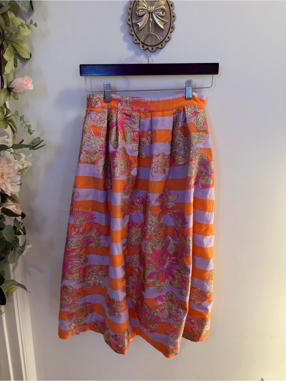 Lilly Pulitzer Lauderdale Midi Skirt Papaya Metallic Floral Stripe NWT Size 0